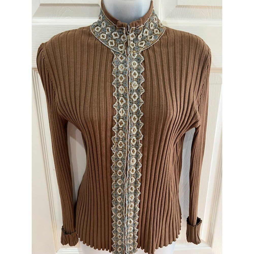 Belldini Vintage Embellished Ribbed Zip Up Sweater Jacket With Ornate Beaded Col